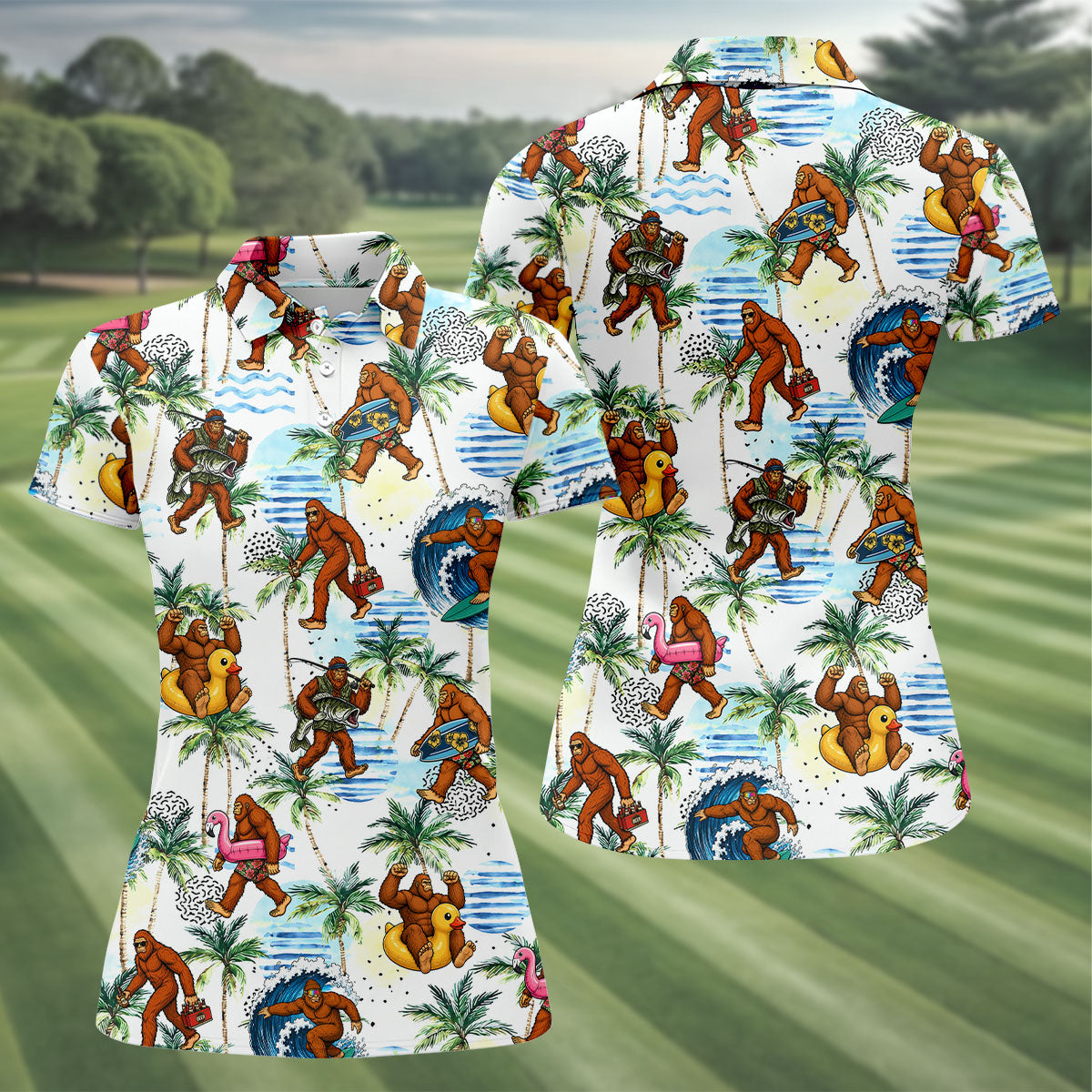 Tropical Bigfoot Surfing Fishing Beach Golf Shirt, Golf Tops For Women, Ladies Golf Shirts, Women’s Golf Apparel