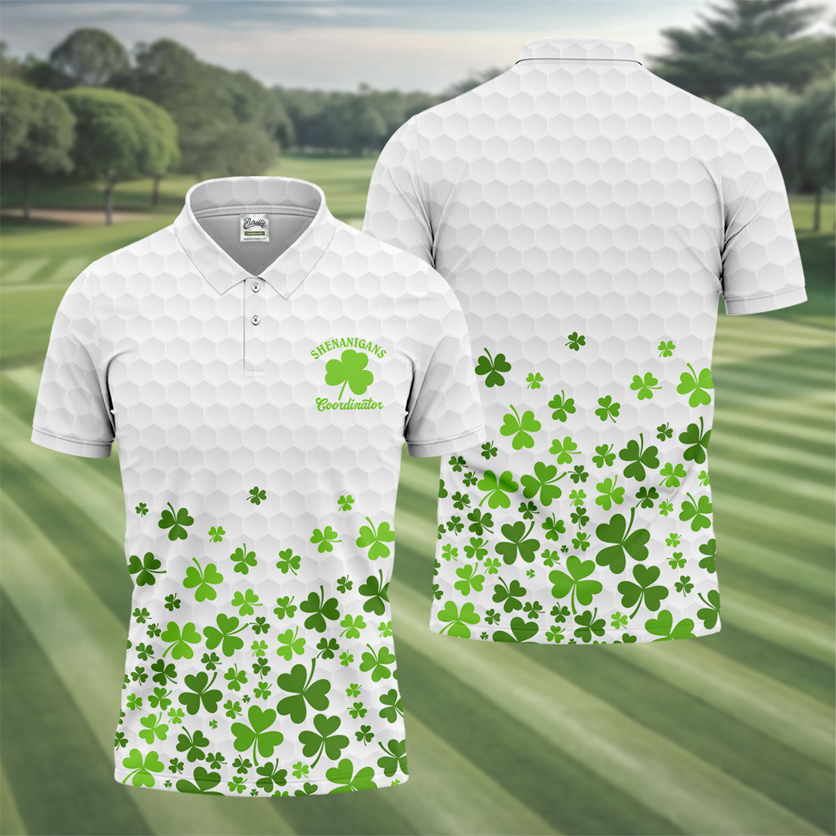 Shenanigans Coordinator Golf Ball Pattern St Patrick Day White Golf Shirt, Golf Tops For Men, Golf Shirts For Men