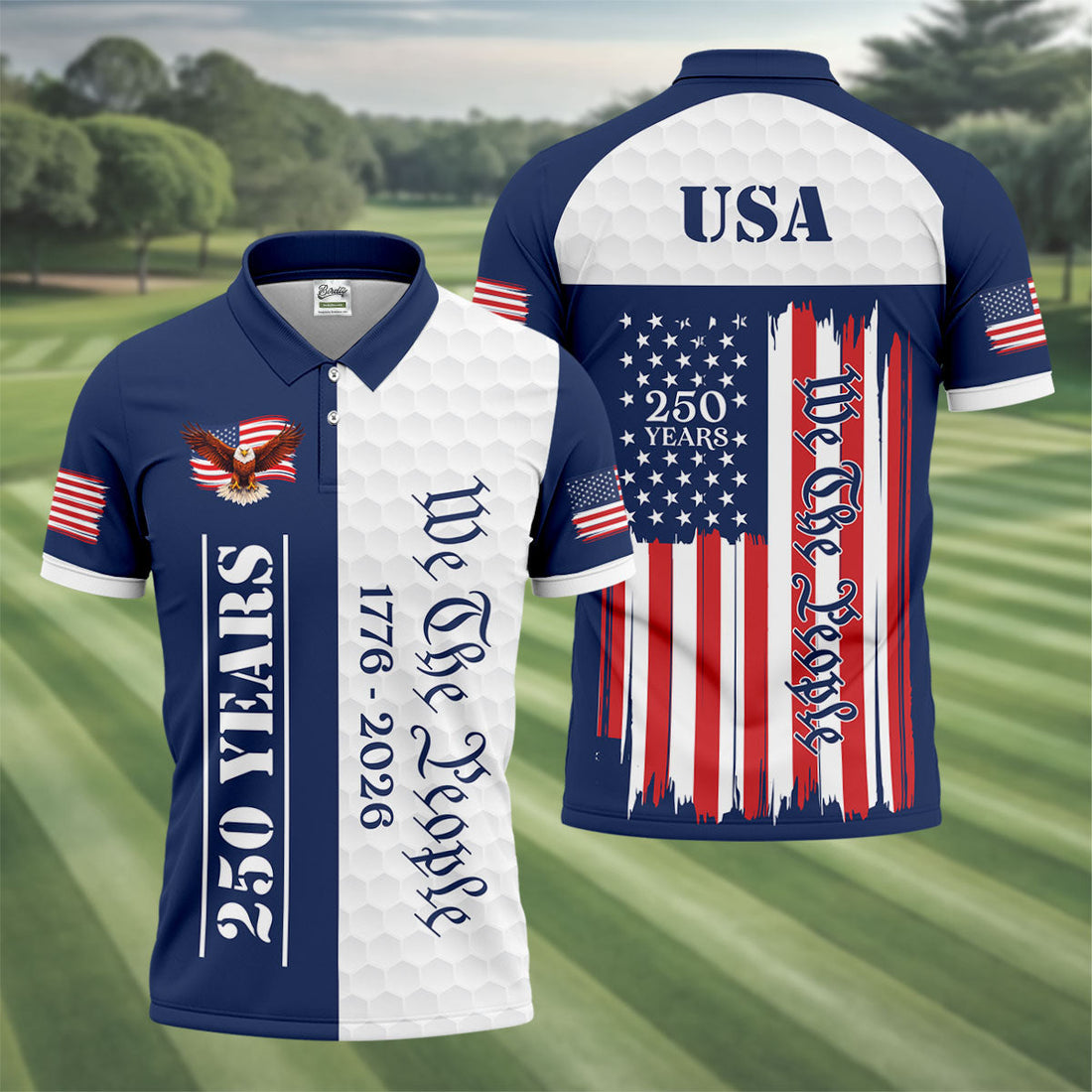 We The People Bald Eagle US Flag Golf Ball Pattern 250 Years Patriotic 4th Of July Golf Shirts For Men