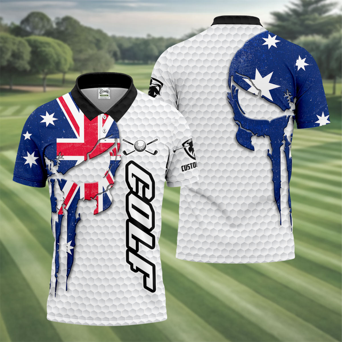 Cool Skull Golf Ball Pattern Australia Flag Print White Golf Shirt, Polo Shirtor Men