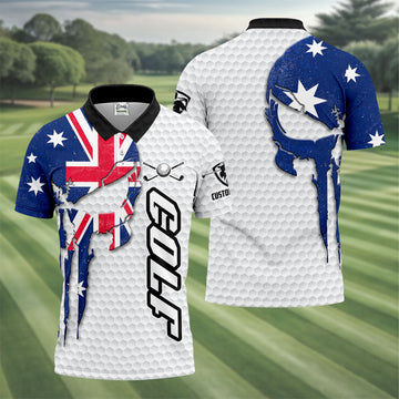 Cool Skull Golf Ball Pattern Australia Flag Print White Golf Shirt, Polo Shirtor Men