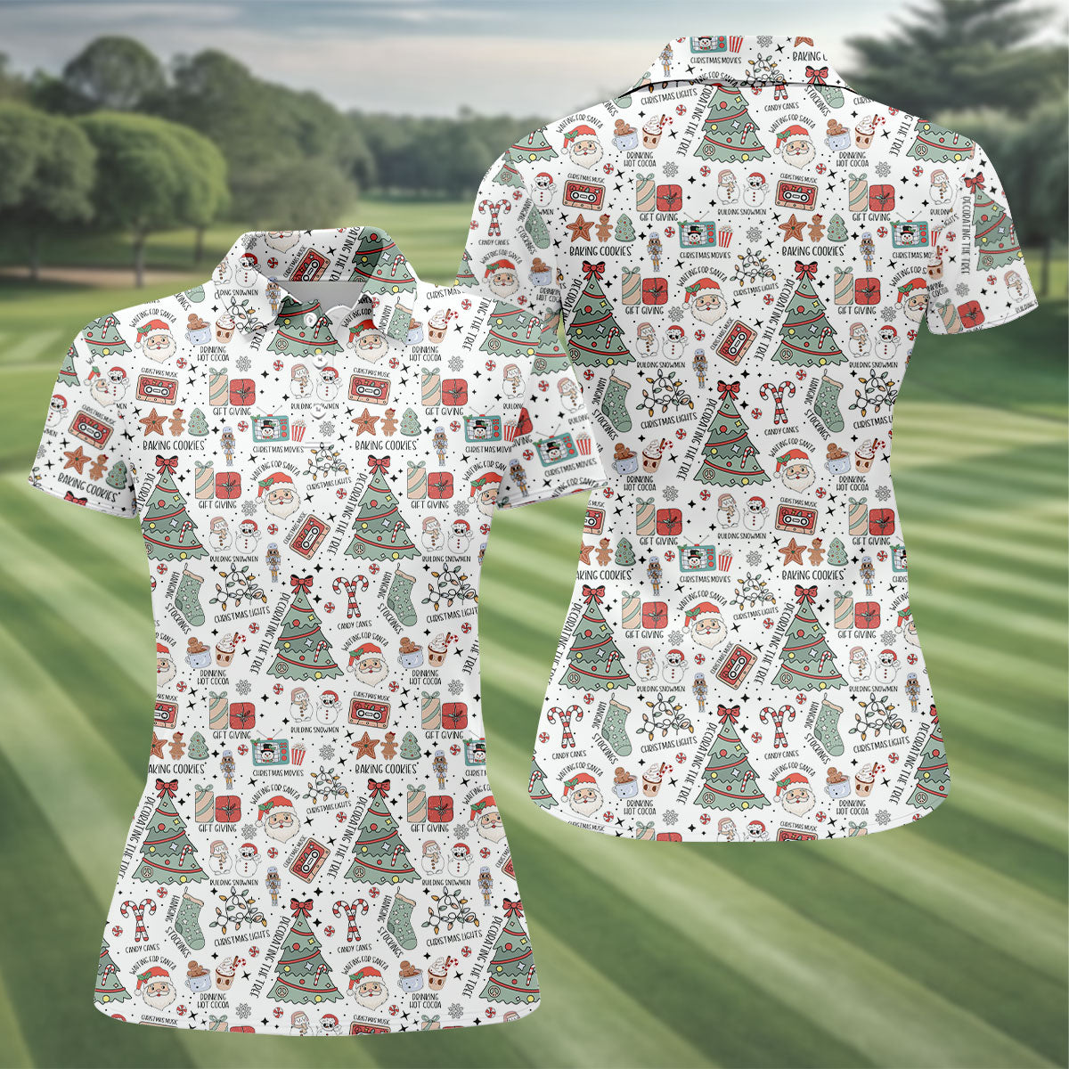Cute Santa Claus Gift White Women's Golf Tops, Christmas Golf Shirt, Golf Gift For Ladies