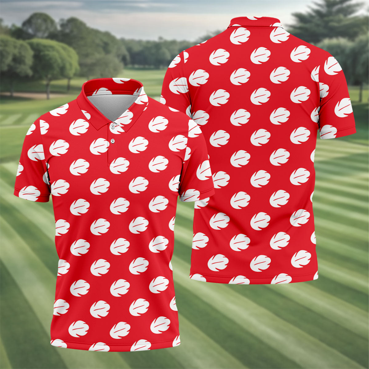 Red Tropical Leaf Hawaiian Golf Shirt, Mens Golf Polo, Golf Shirts For Men