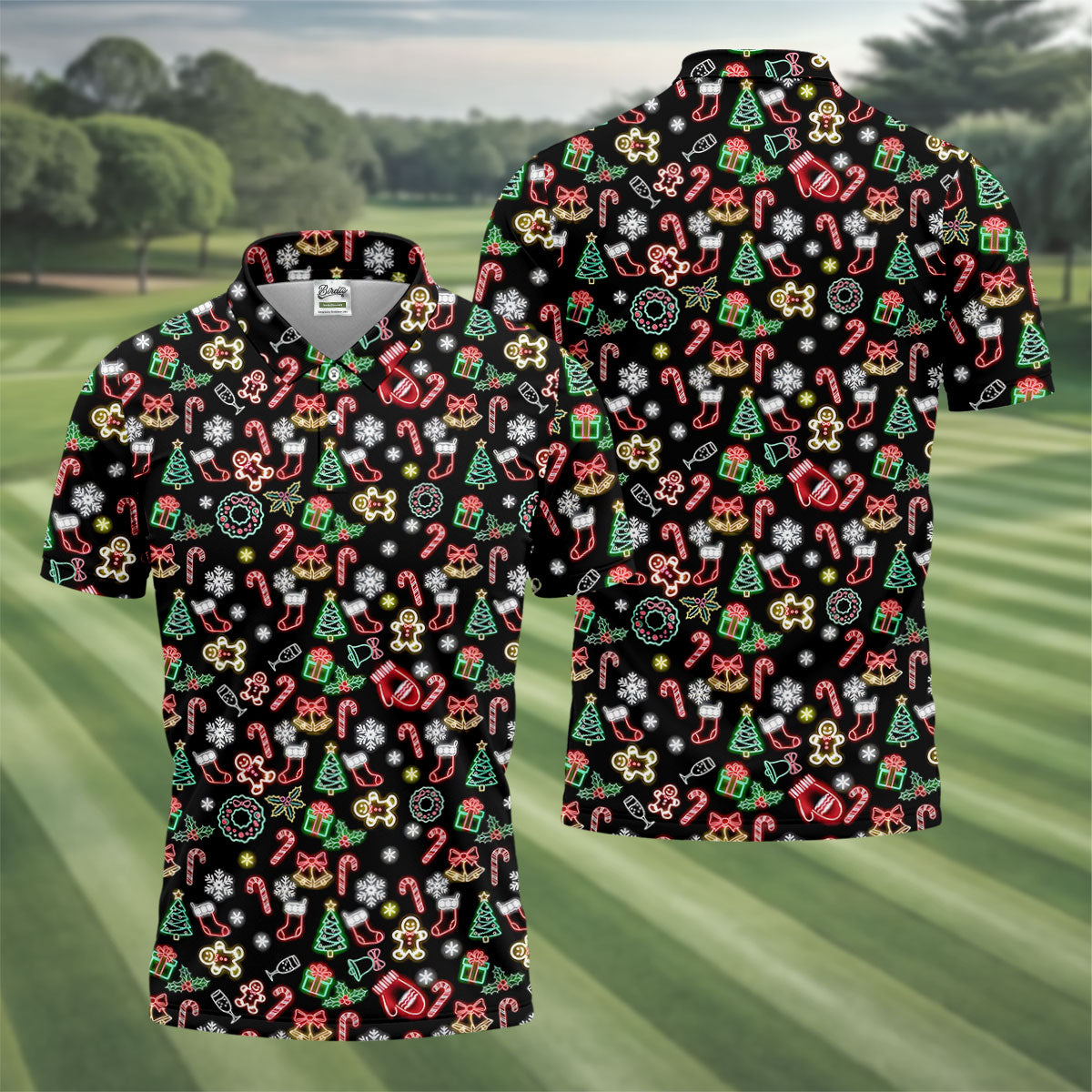 Neon Christmas Pattern Black Golf Polo Shirtun Men's Golf Polos, Christmas Golf Gift, Golfing Apparel