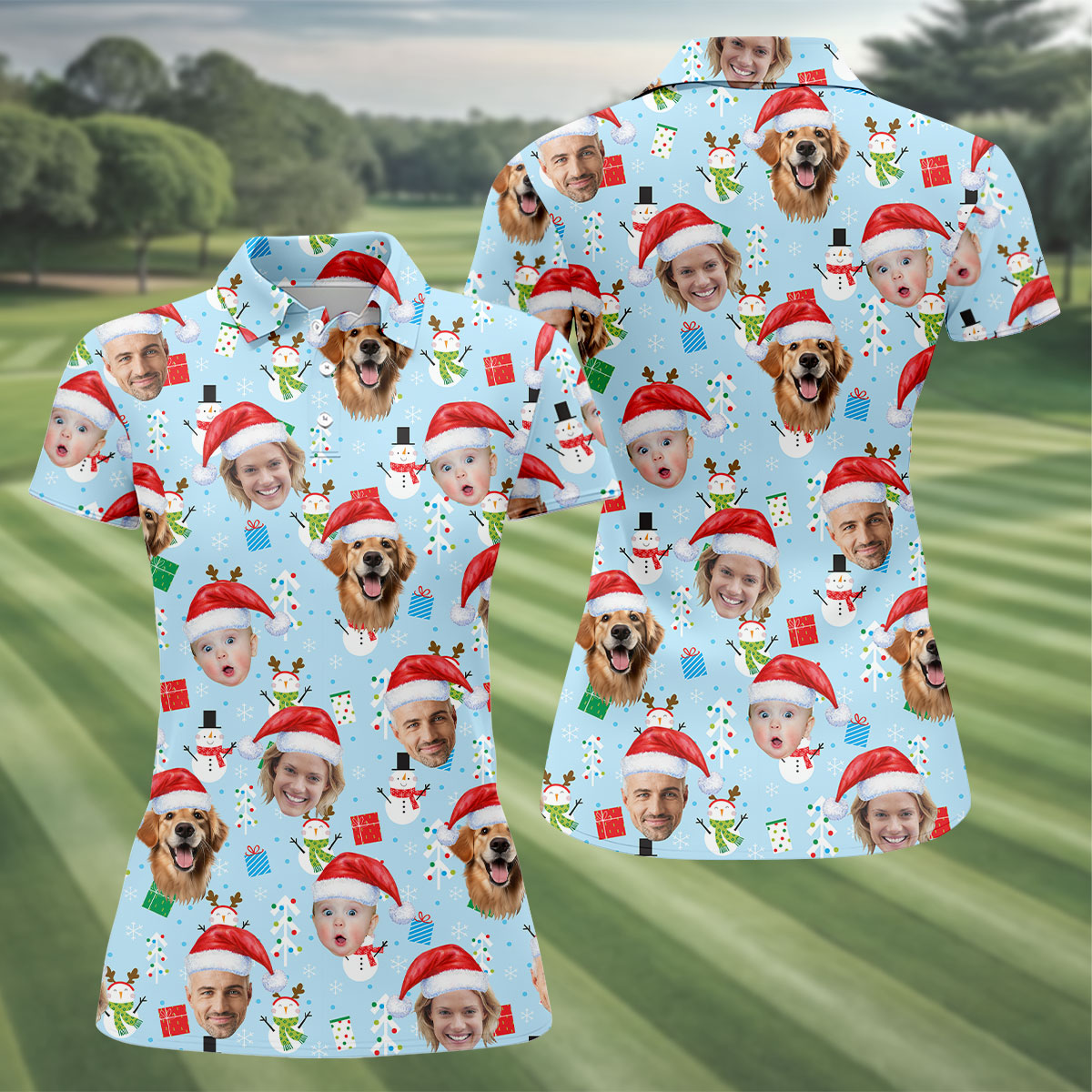 Custom Face Cute Snowman Pastel Blue Christmas Golf Shirt, Women's Golf Tops, Ladies Golf Shirts