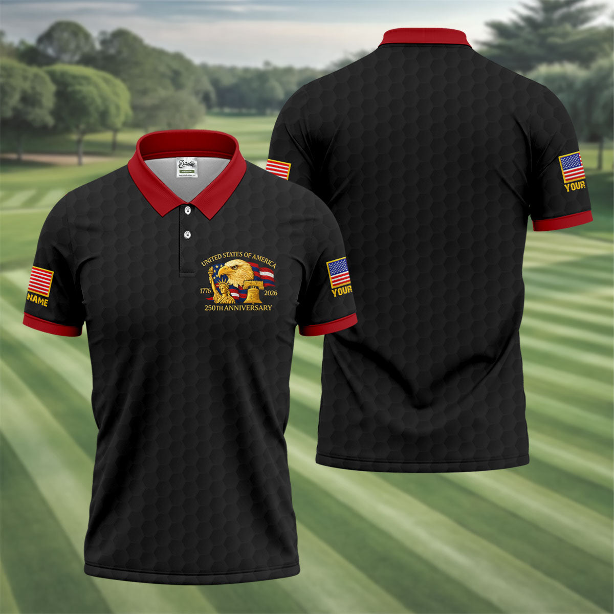 United States 250th Anniversary Patriotic Eagle Black Custom Golf Shirts, 4th Of July Golf Shirts For Men