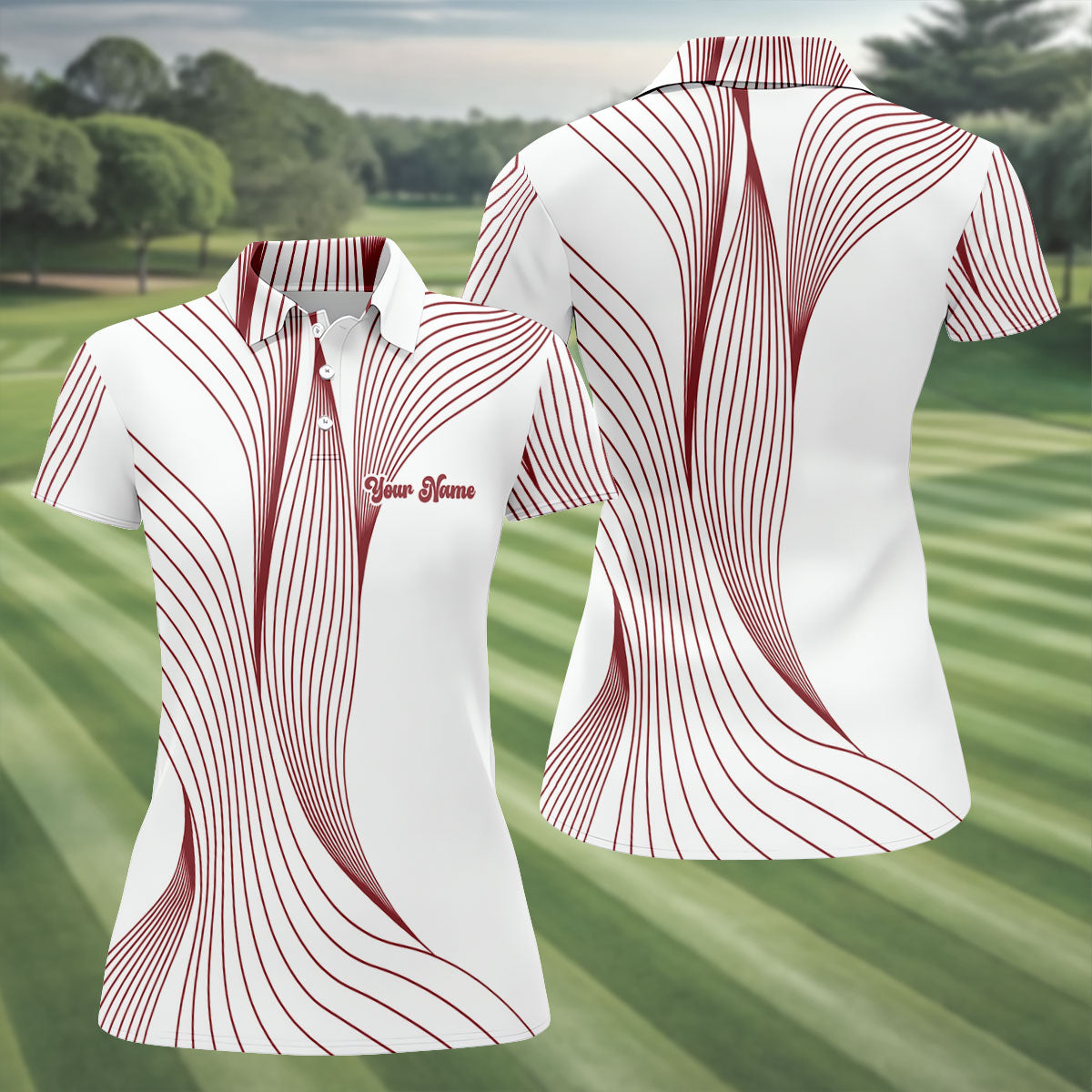 Geometric Line Wavy Line Red And White Custom Name Women's Golf Tops, Ladies Golf Shirts, Women's Polo Shirt