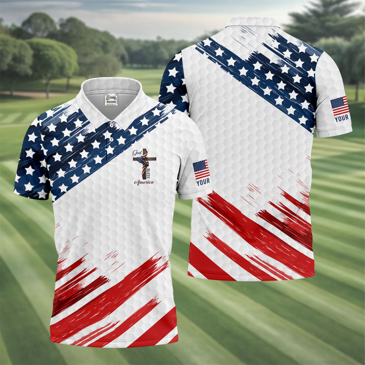 God Bless America Faith Cross US Flag Brush White Golf Shirt, Patriotic 4th Of July Golf Shirts For Men