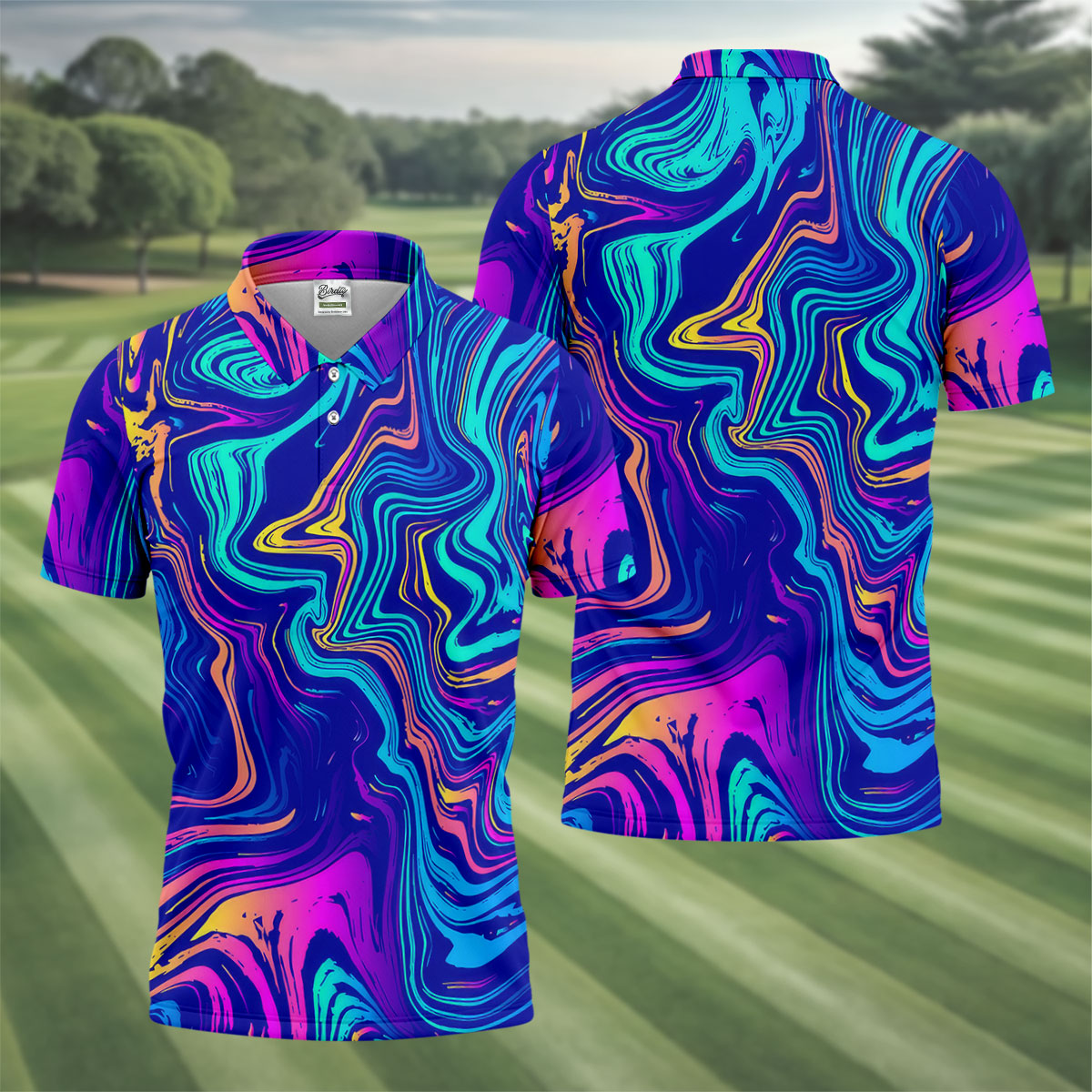 Vibrant Abstract Liquid Pattern Golf Shirt, Mens Polo Shirt, Performance Golf Shirt, Hawaiian Golf Shirt