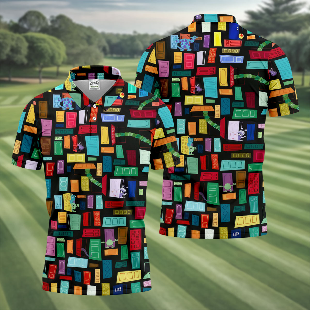 Monster Door Golf Shirt, Colorful Animated Monster World Pattern, Golf Shirt For Men