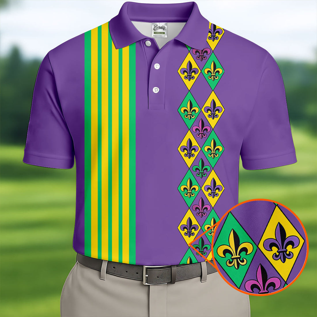 Fleur De Lis Argyle Pattern Purple Green Gold Stripes Golf Tops For Men, Polo ShirtFor Men, Golf Shirts For Men