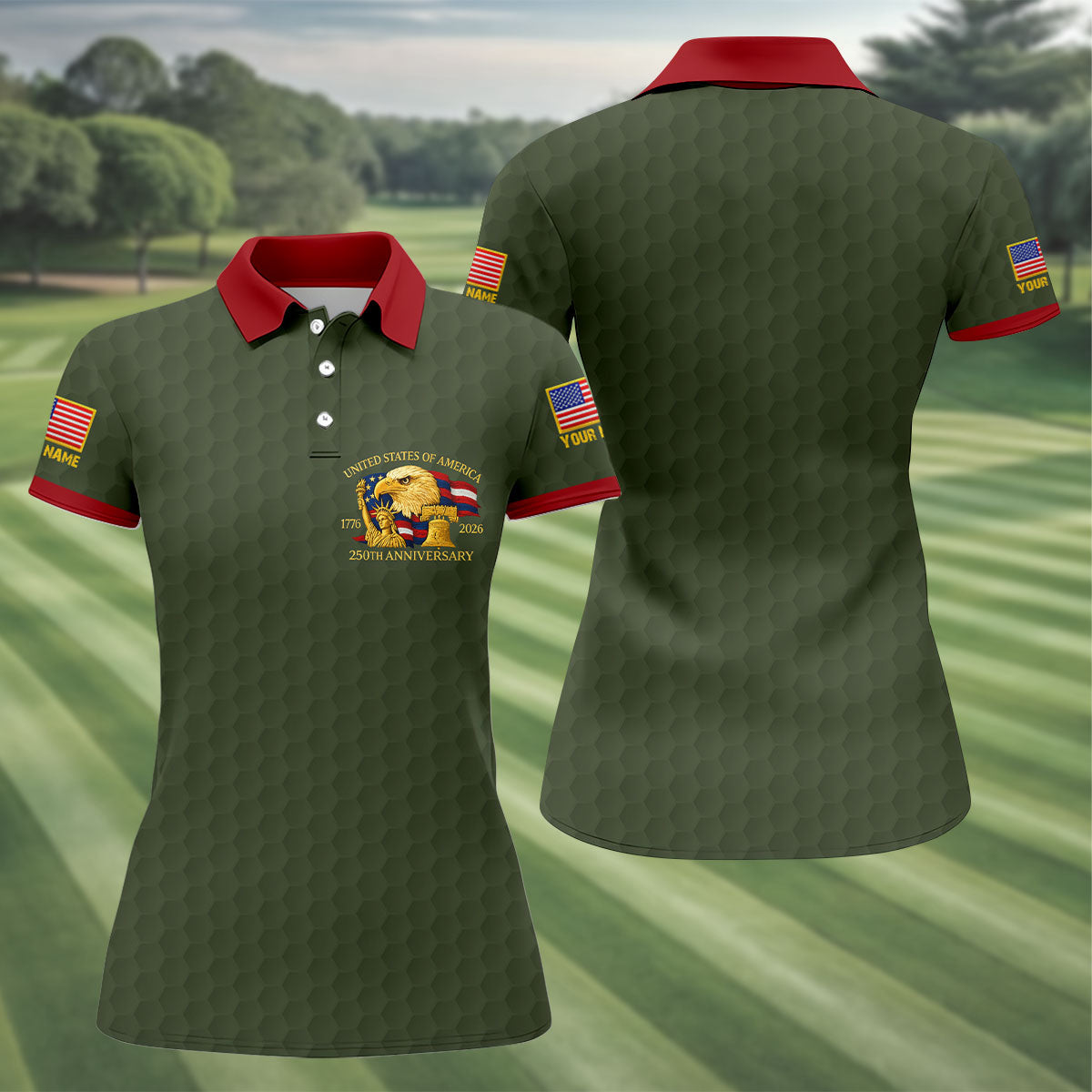 United States 250th Anniversary Patriotic Eagle Olive Custom Golf Shirts, 4th Of July Golf Shirt For Women
