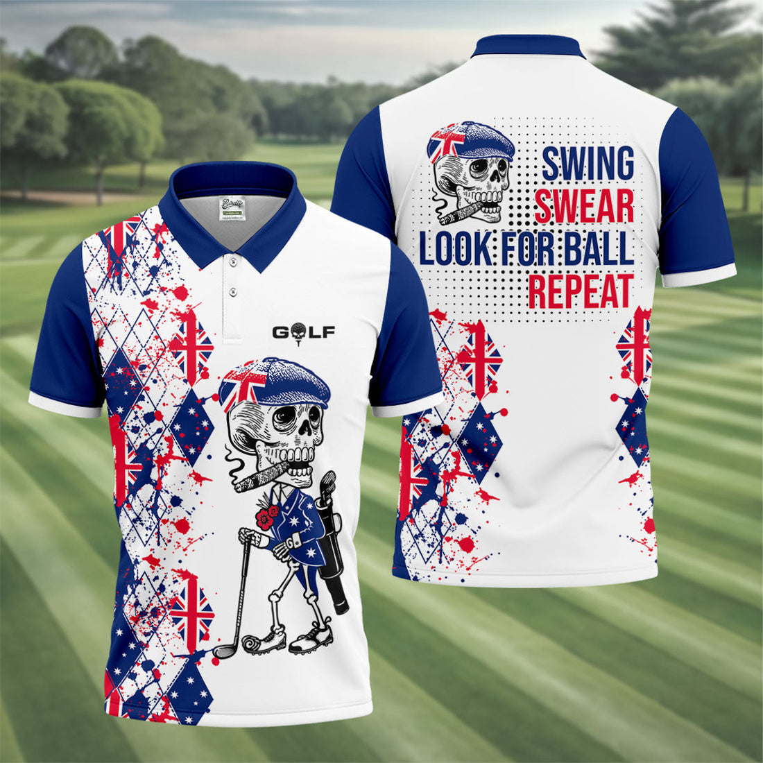 Swing Swear Look For Ball Repeat Australia Flag Print Skeleton Golfer Argyle Golf Shirt, Polo Shirtor Men
