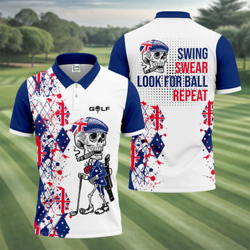 Swing Swear Look For Ball Repeat Australia Flag Print Skeleton Golfer Argyle Golf Shirt, Polo Shirtor Men