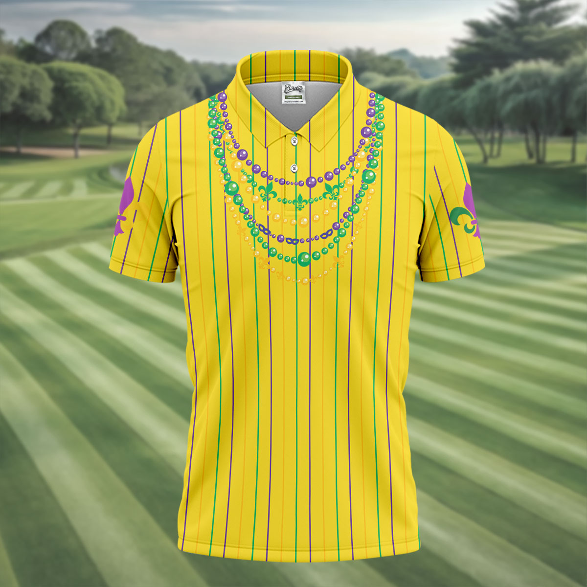 Mardi Gras Beads Necklaces Print Yellow Golf Shirt, Golf Tops For Men, Polo ShirtFor Men, Golf Shirts For Men