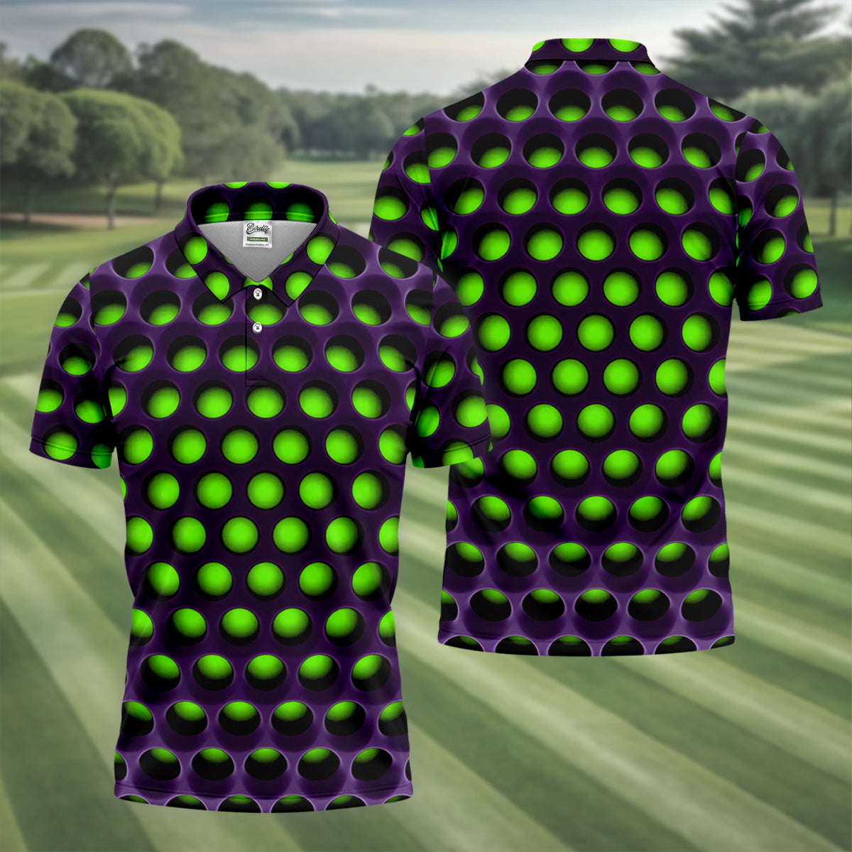 3D Effect Circular Pattern Green Golf Shirt, Cool Golf Outfit, Men's Funny Golf Shirts, Polo ShirtFor Men