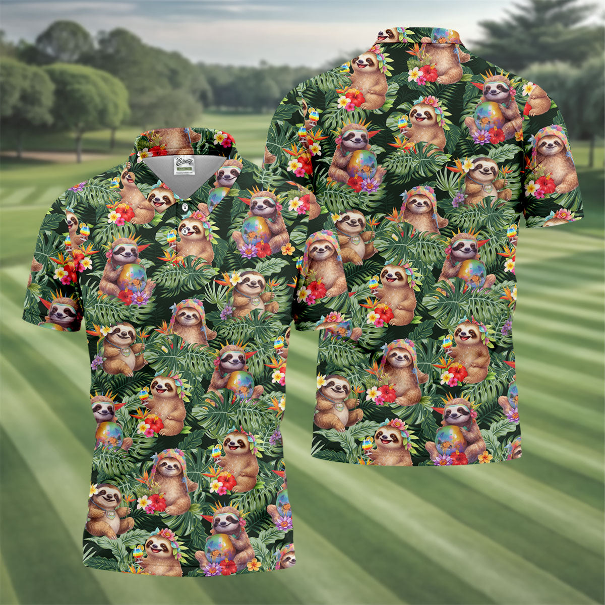 Funny Sloth Hawaiian Summer Golf Tops For Men, Hawaiian Golf Shirts, Polo Shirtor Men