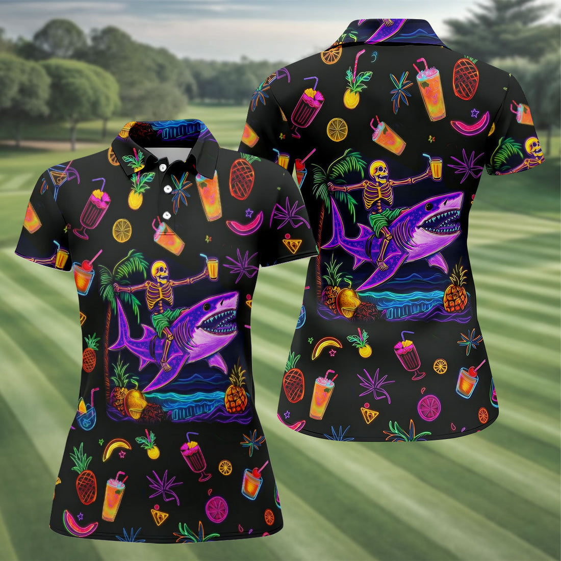 Neon Shark Beach Party Pattern Golf Shirt, Women's Golf Shirt, Hawaiian Golf Shirt, Golf Polo For Women