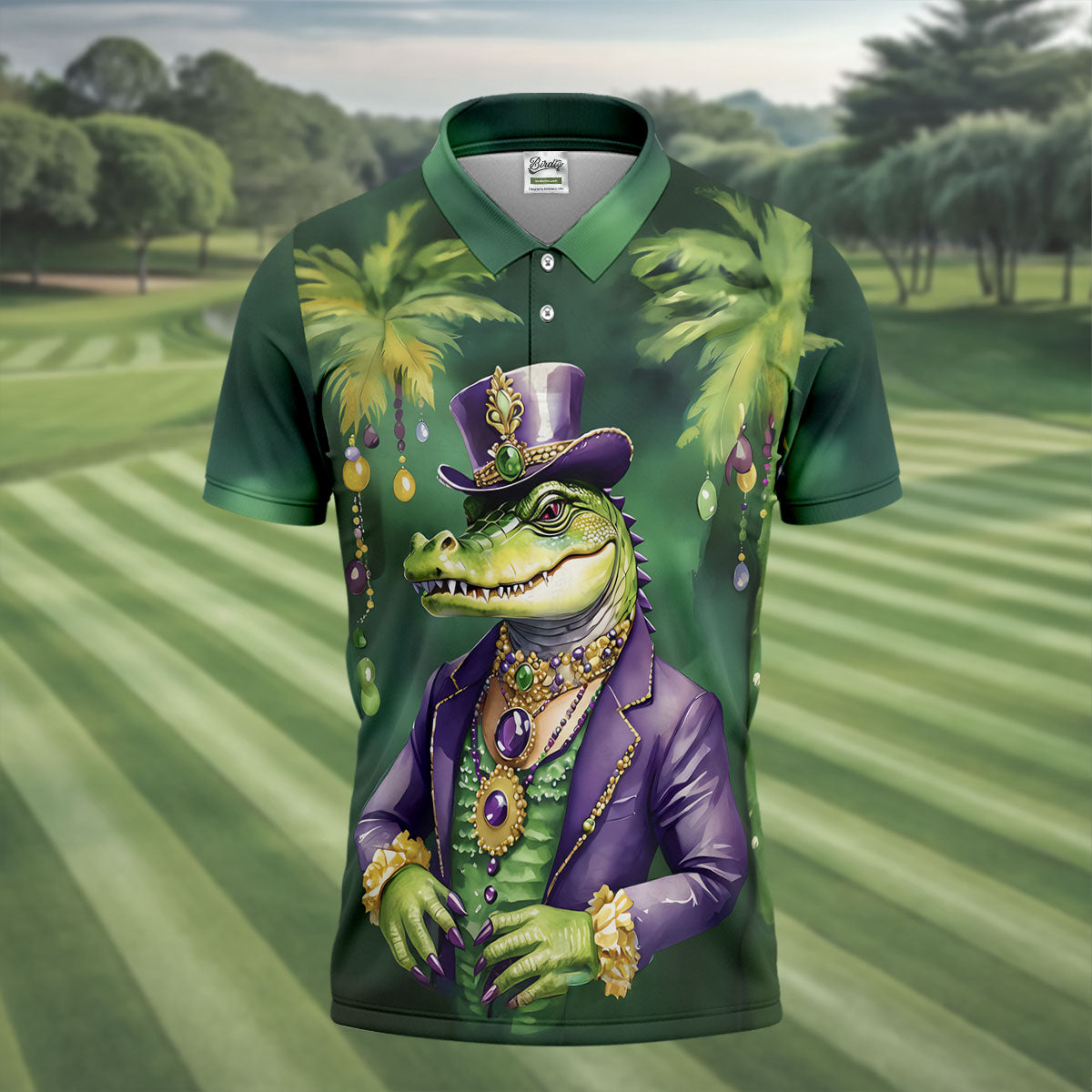 Mardi Gras Alligator Decorated Palm Tree Print Golf Shirt, Polo ShirtFor Men, Golf Shirts For Men