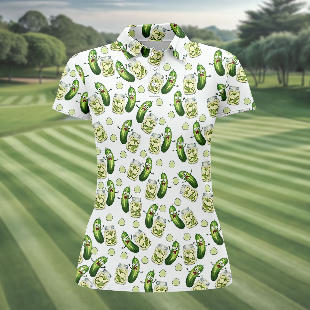 Funny Pickle Hawaiian Golf Shirt, Cartoon Style Women's Golf Tops, Ladies Golf Shirts