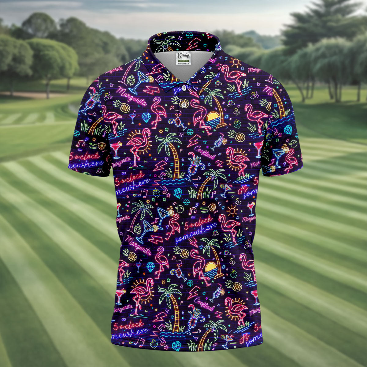 Tropical Theme Neon Pattern Black Golf Shirt, Men's Funny Golf Shirts, Polo ShirtFor Men