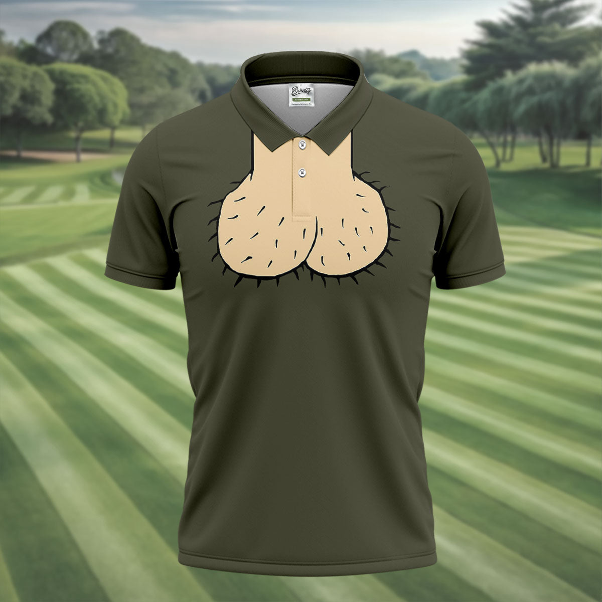 Olive Green Funny Dickhead Faux Chest Golf Shirt, Polo Shirts For Men, Golf Apparel For Men