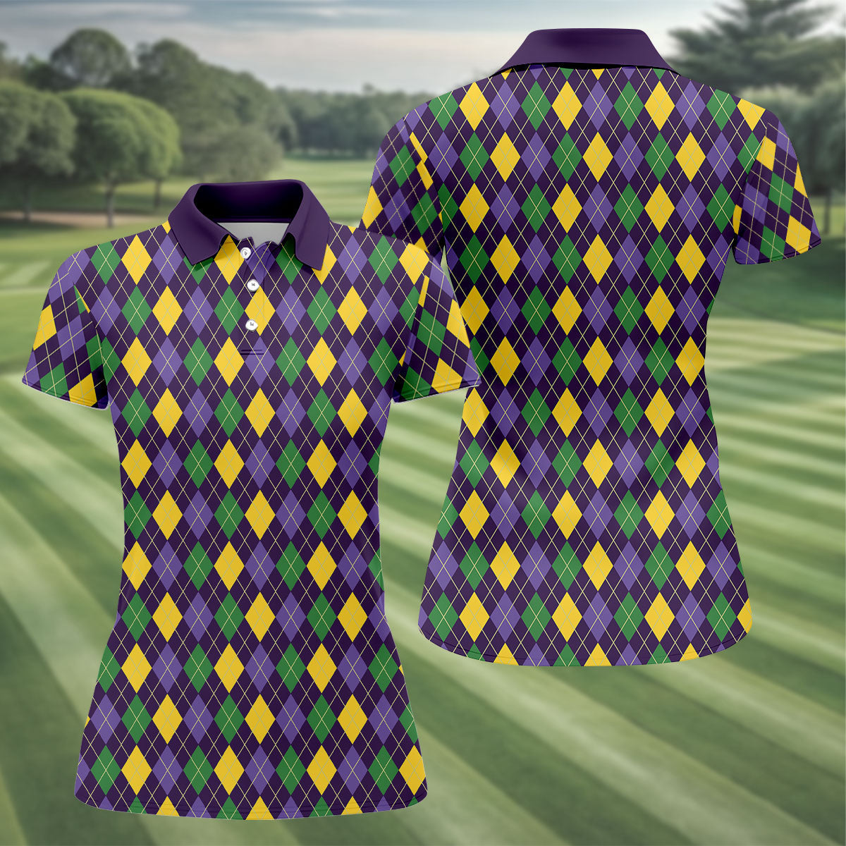 Green Purple Gold Argyle Pattern Mardi Gras Golf Shirt, Women's Golf Tops, Ladies Golf Shirts
