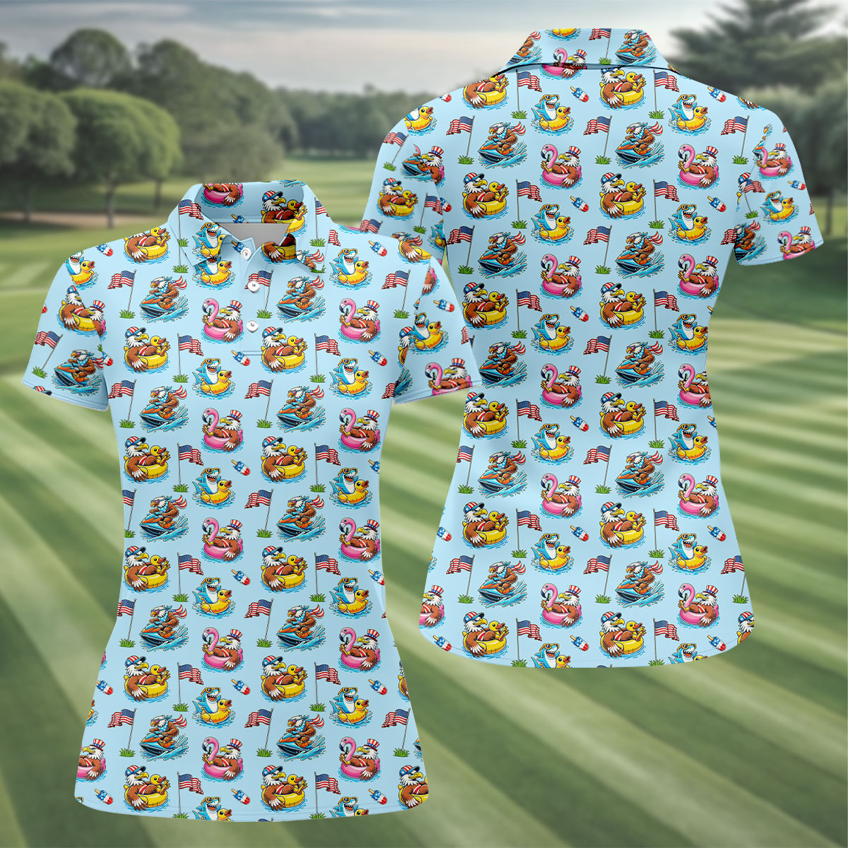 Eagle Shark Summer Theme Patriotic Party 4th Of July Golf Shirt, 250th Anniversary Golf Shirt For Women