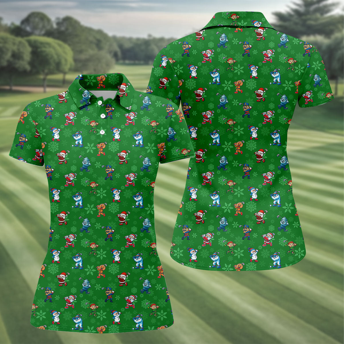 Funny Christmas Characters Golf Pose Green Golf Shirt, Christmas Golf Shirt, Ladies Golf Shirts, Women's Polo Shirt