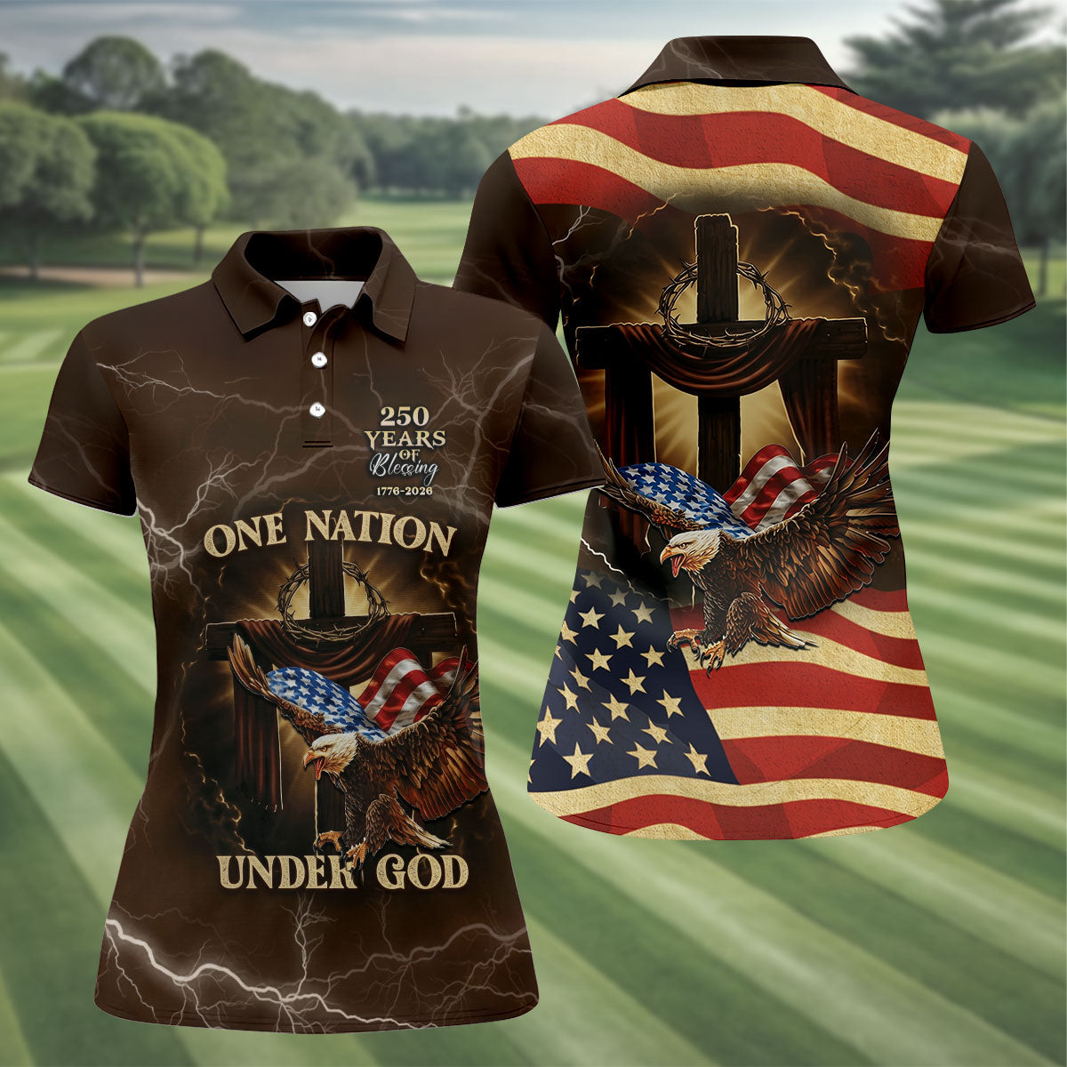 One Nation Under God 250 Years Faith Cross Patriotic Golf Shirt, 4th Of July Women's Golf Tops