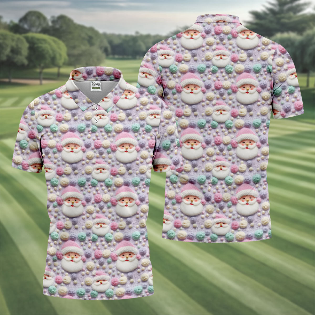 Knit Santa Pastel Pattern Golf Tops For Men, Christmas Golf Shirt, Cute Golf Outfit, Golf Shirts For Men