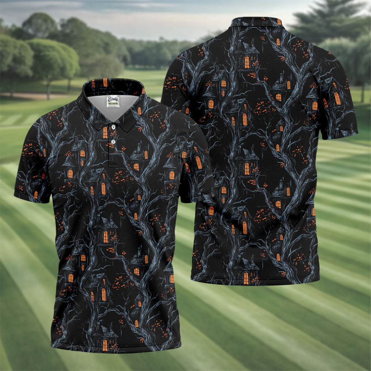 Haunted House Halloween Golf Tops For Men, Black Golf Polo ShirtGolfing Apparel, Polo For Men