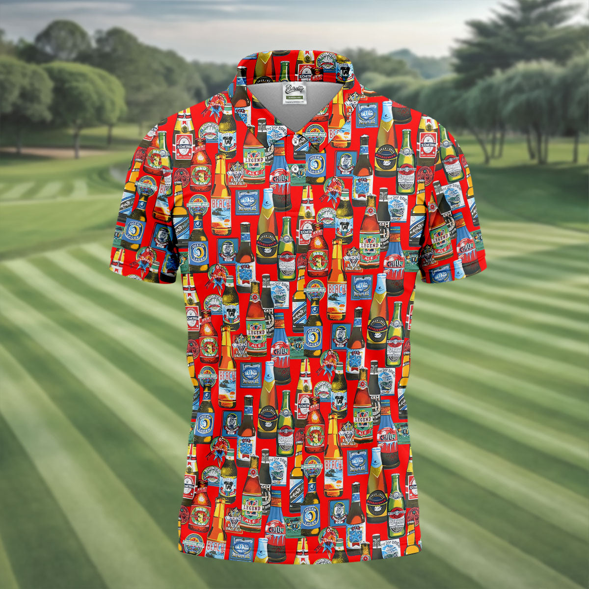 Beer Bottle Labels Red Golf Shirt, Men's Funny Golf Shirts, Golf Tops For Men, Golf Shirts For Men