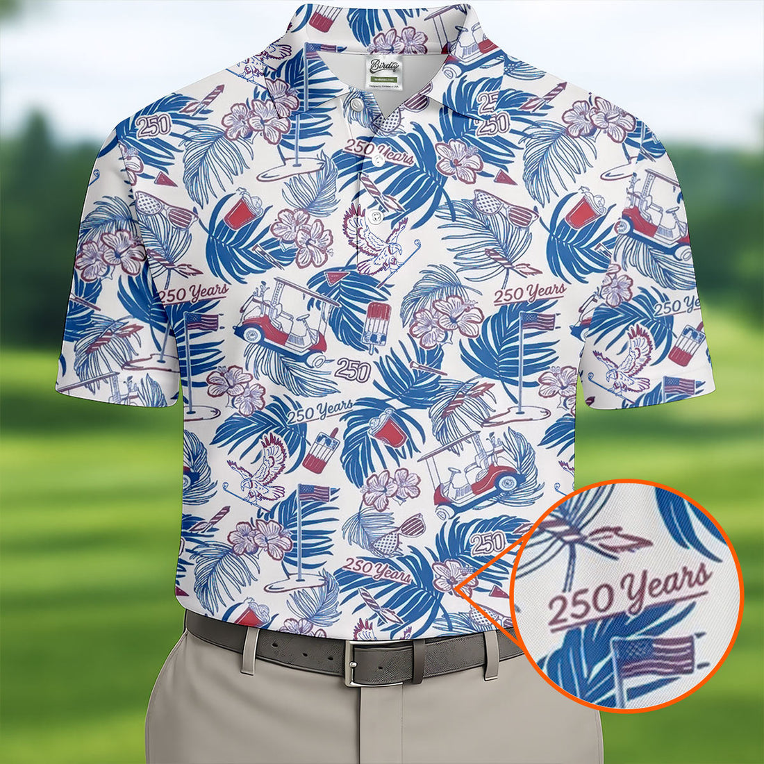 250 Years Red White Blue Tropical Floral Patriotic Golf Shirt, 4th Of July Golf Shirts For Men