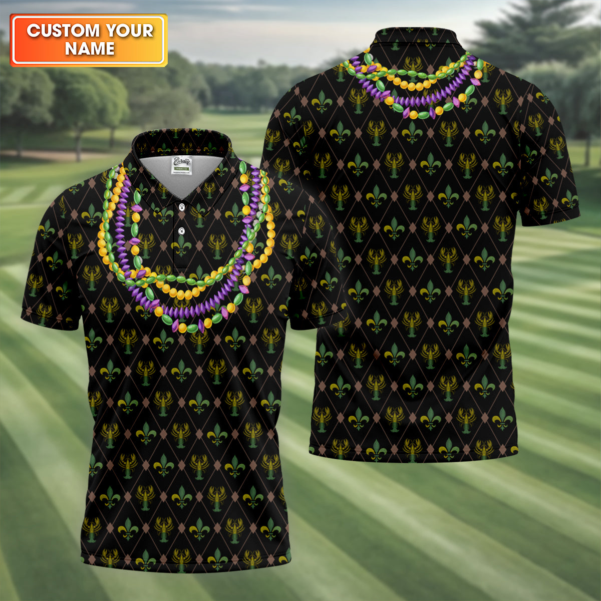 Mardi Gras Purple Green Gold Beads Chain Fleur De Lis Argyle Pattern Black Golf Shirt, Men's Golf Polo Shirts