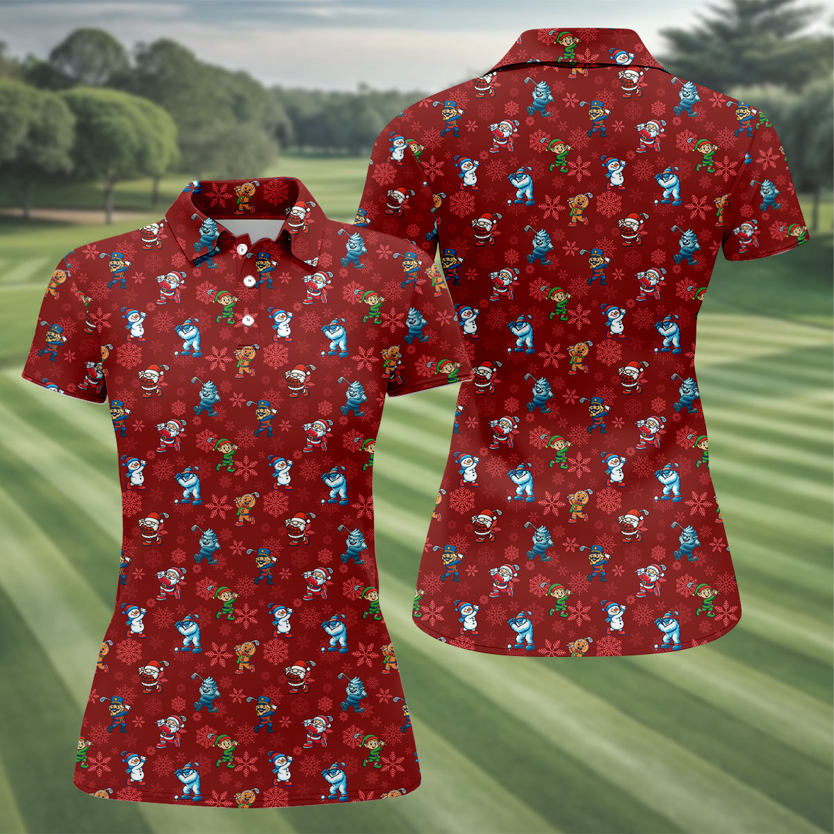 Funny Christmas Characters Golf Pose Red Golf Shirt, Christmas Golf Shirt, Ladies Golf Shirts, Women's Polo Shirt