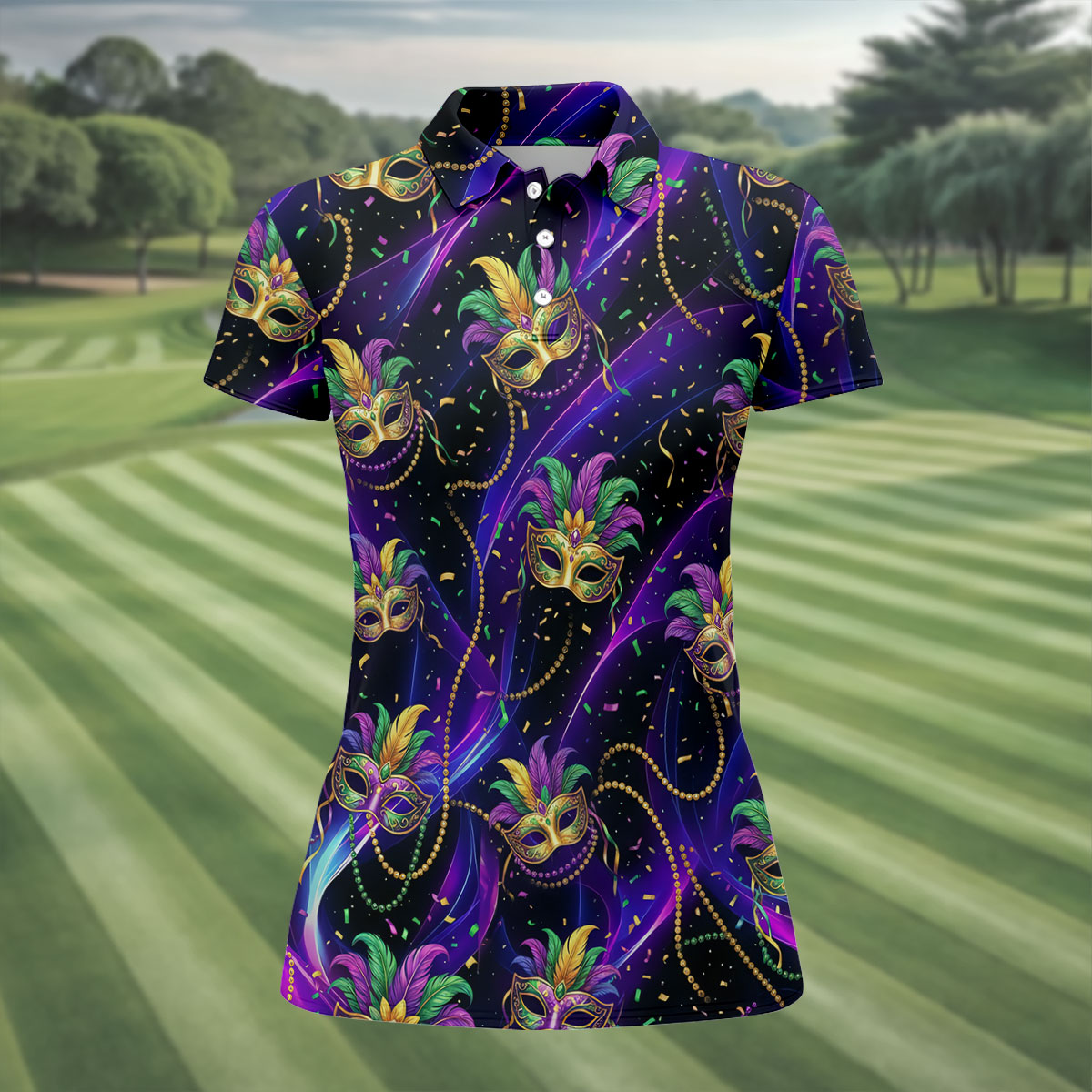 Mardi Gras Carnival Mask Neon Purple Black Golf Shirt, Women's Golf Tops, Ladies Golf Shirts