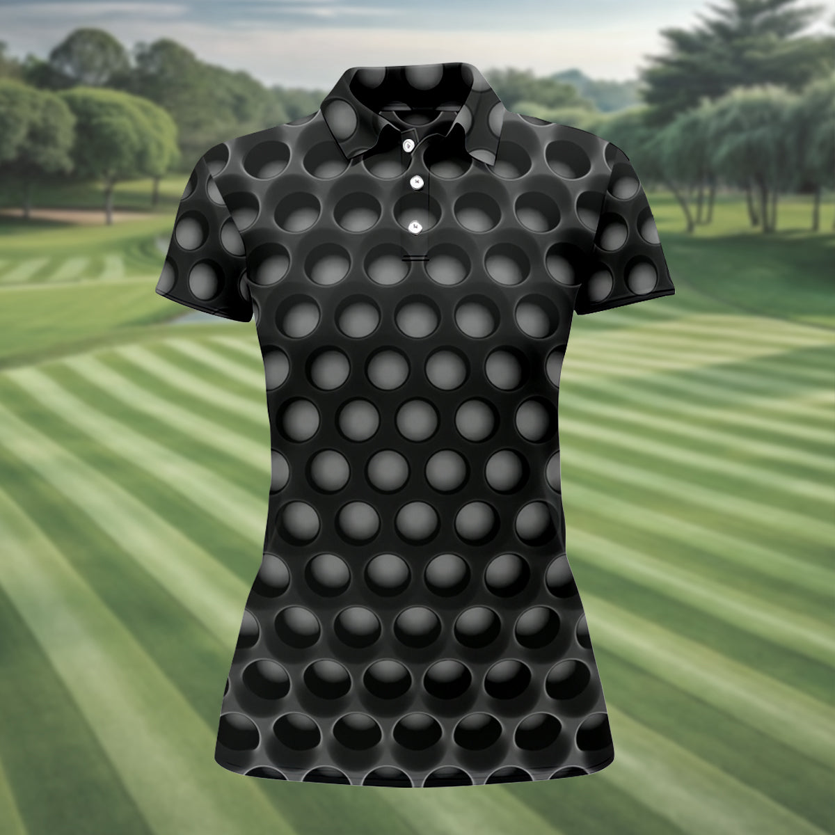 3D Effect Circular Pattern Black Golf Shirt, Cool Golf Outfit, Women Golf Top, Ladies Golf Shirts