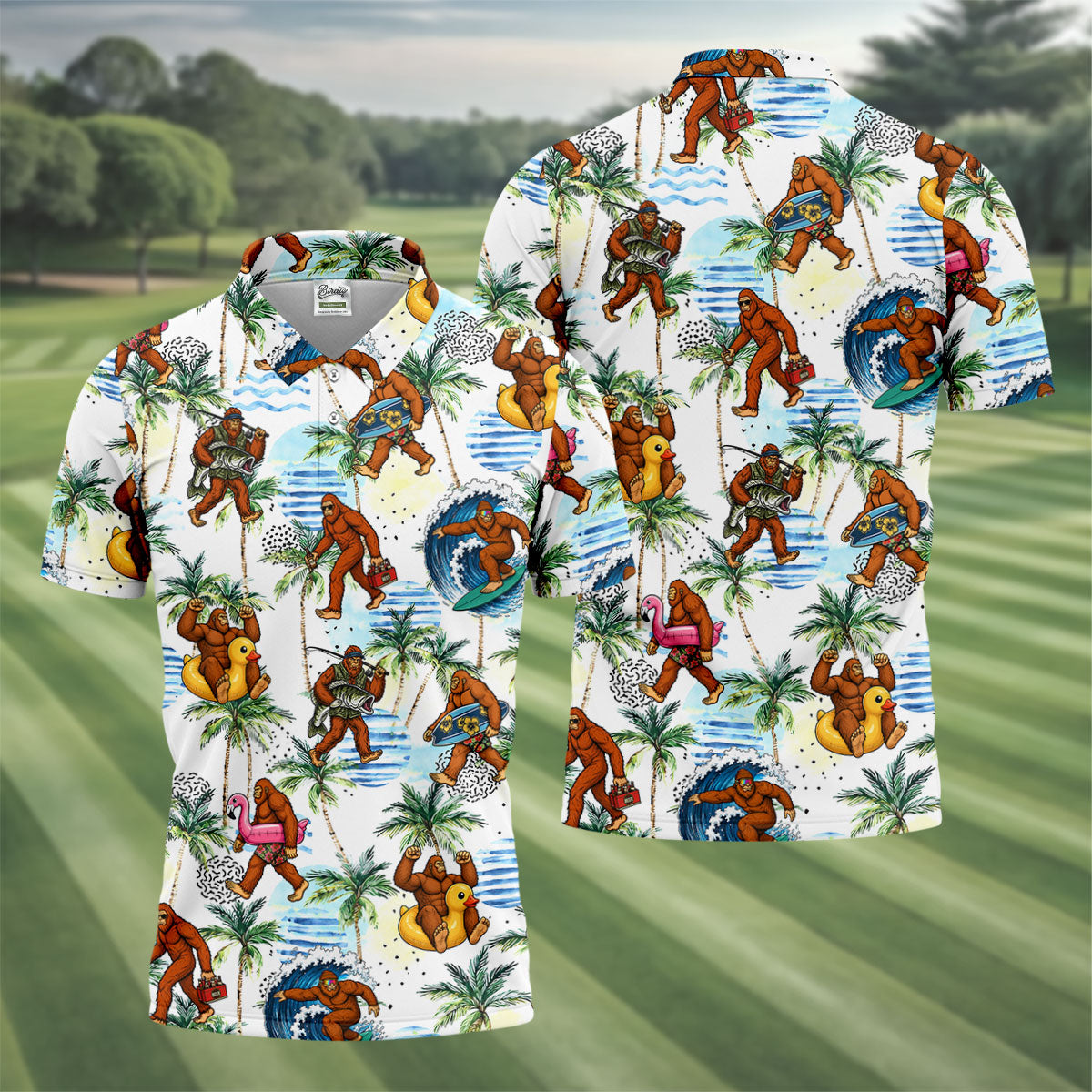 Tropical Bigfoot Surfing Fishing Beach Golf Shirt, Hawaiian Golf Shirt, Golf Apparel For Men, Mens Golf Shirts