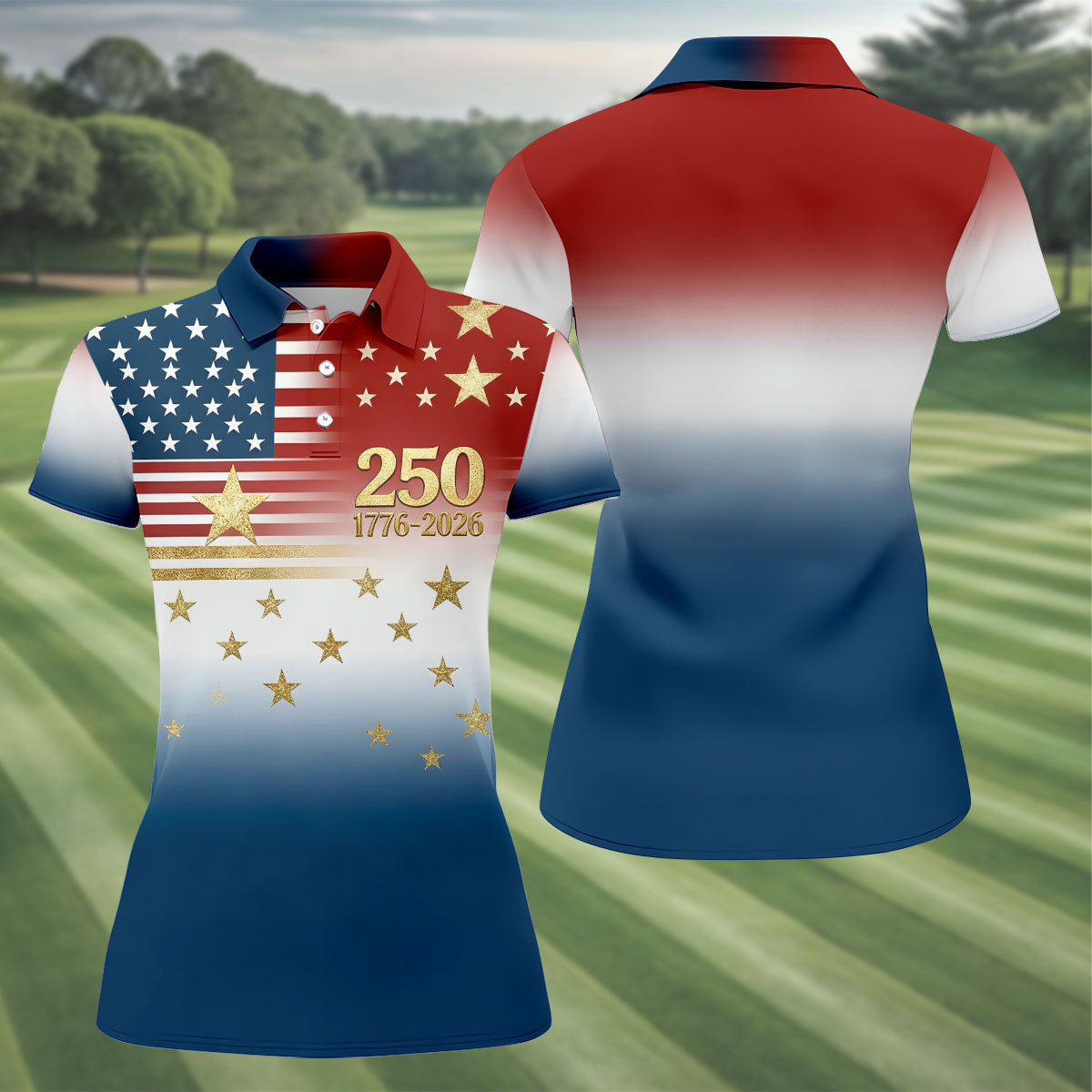 250 Years 1776-2026 Golden Star Golf Shirt For Women, Patriotic 4th Of July Ladies Golf Shirts