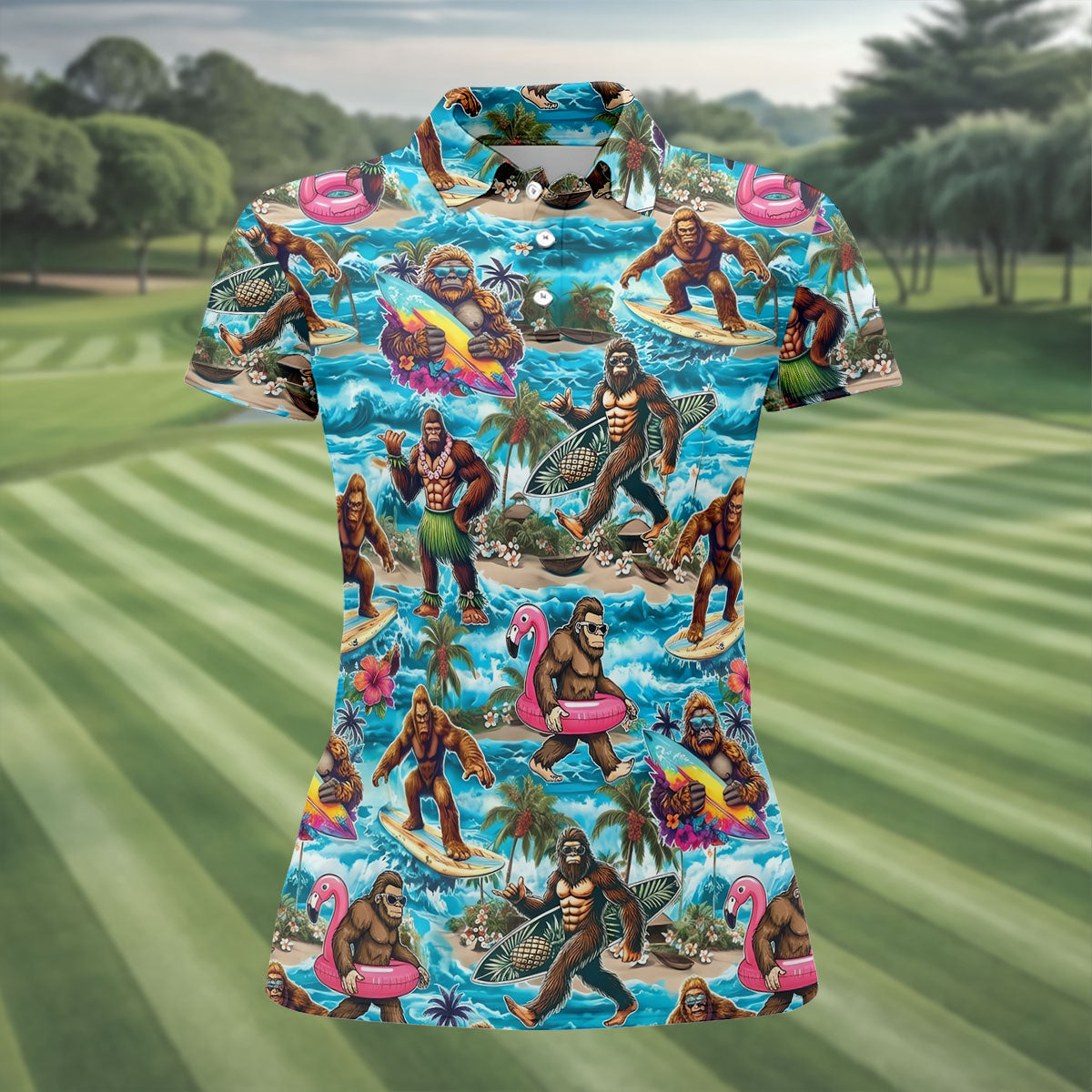 Funny Bigfoot Hawaiian Golf Shirt, Beach Theme Women's Golf Tops, Ladies Golf Shirts