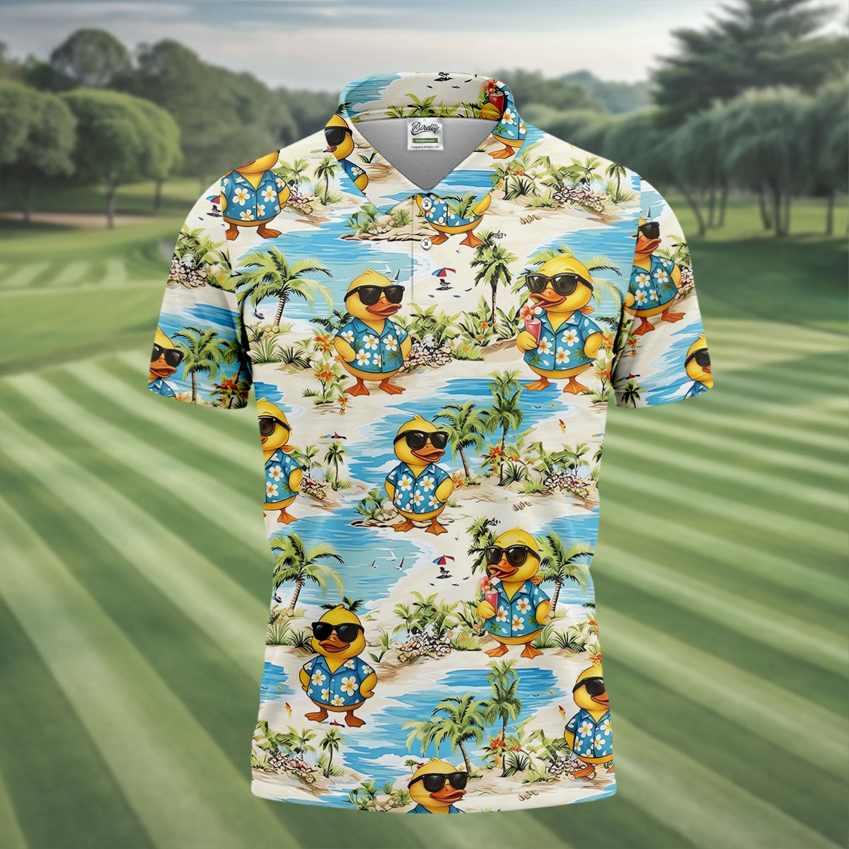 Cute Funny Duck Hawaiian Golf Shirt, Beach Theme Men's Golf Shirt, Polo Shirts For Men