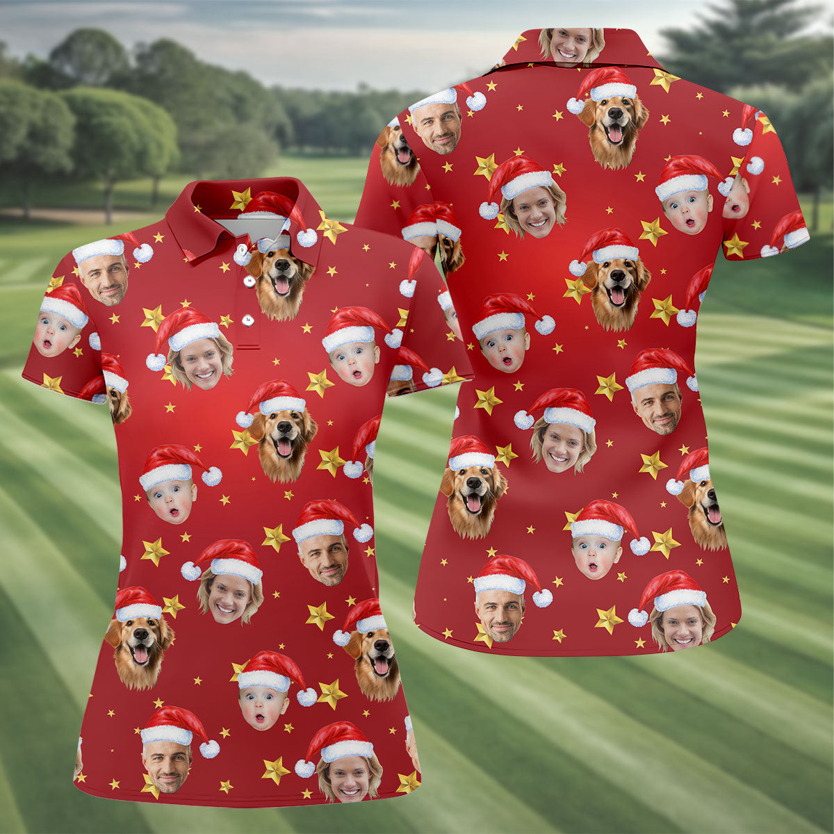 Custom Face Xmas Star Red Golf Shirt, Christmas Golf Shirt, Ladies Golf Tops, Golf Gifts For Women
