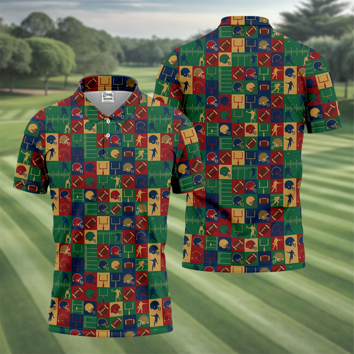 Football Pattern Square Grid Sport Polo, American Football Shirt, Game Day Football Theme Polo For Men