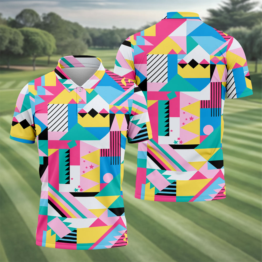 Memphis Pattern Golf Shirt, Retro 80s Geometric Color Block Design, Golf Shirt For Men