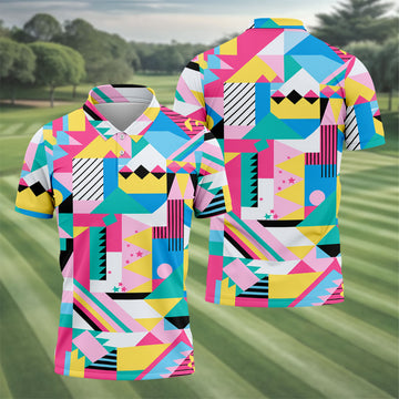 Memphis Pattern Golf Shirt, Retro 80s Geometric Color Block Design, Golf Shirt For Men