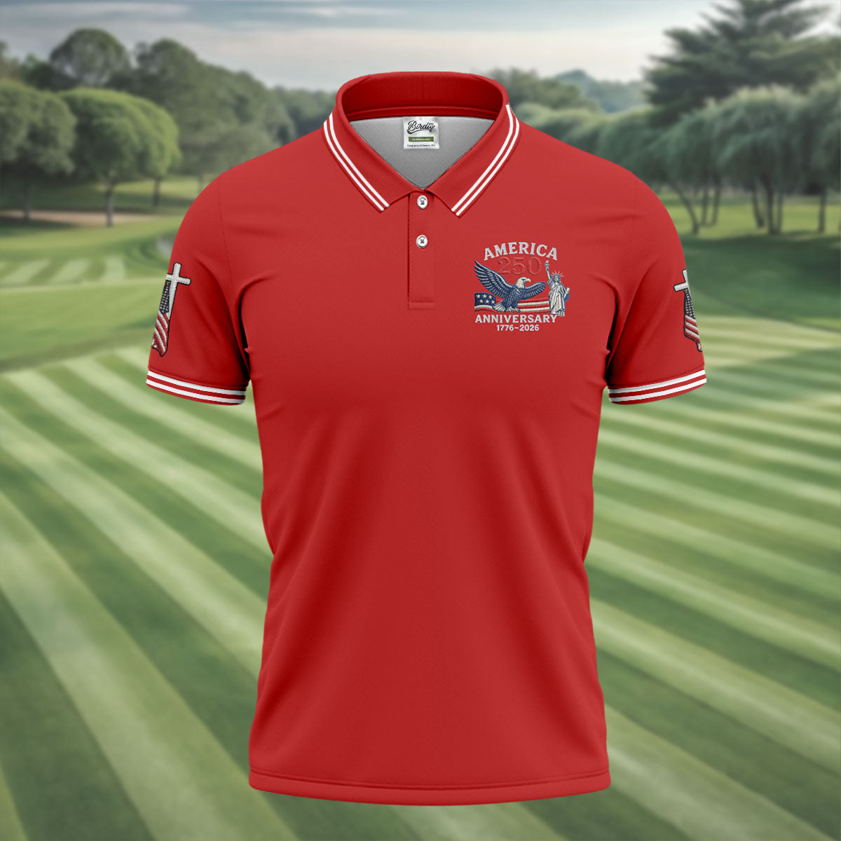 Faith Cross Bald Eagle America 250 Anniversary Red Patriotic Golf Shirt, Golf Shirts For Men