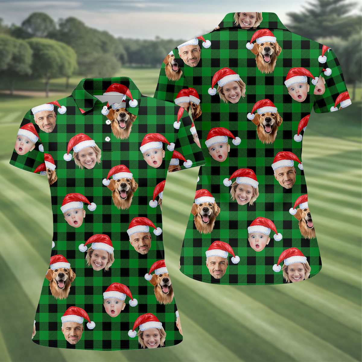 Custom Face Green Buffalo Plaid Christmas Golf Shirt, Ladies Golf Tops, Golf Gifts For Women