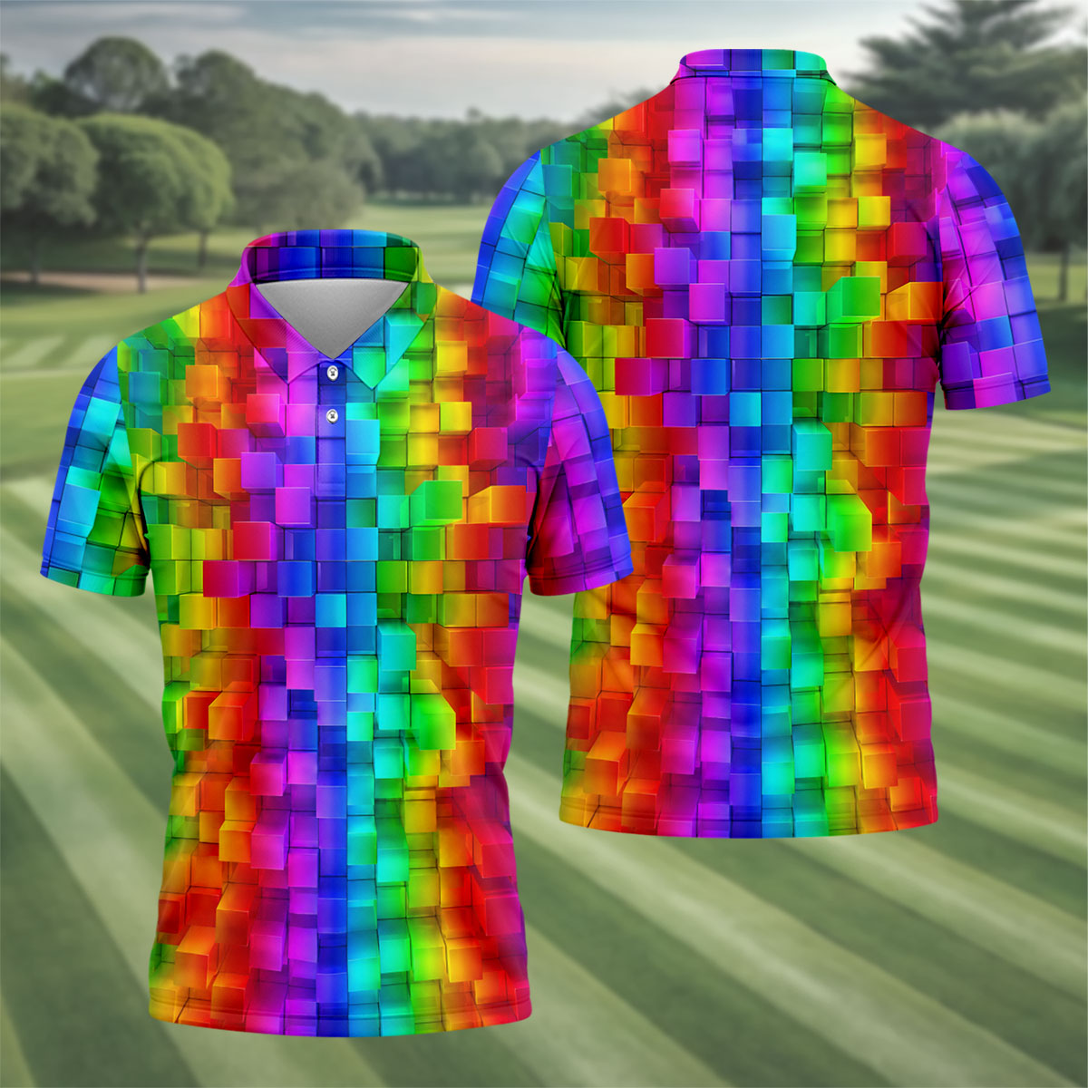 Rainbow Cube 3D Effect LGBT Support Golf Tops For Men, Gay Pride Month Celebrate Golf Shirts For Men