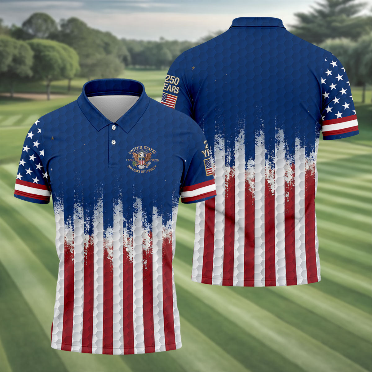 250 Years Of Liberty Distressed American Flag Golf Shirt, Patriotic 4th Of July Golf Shirts For Men